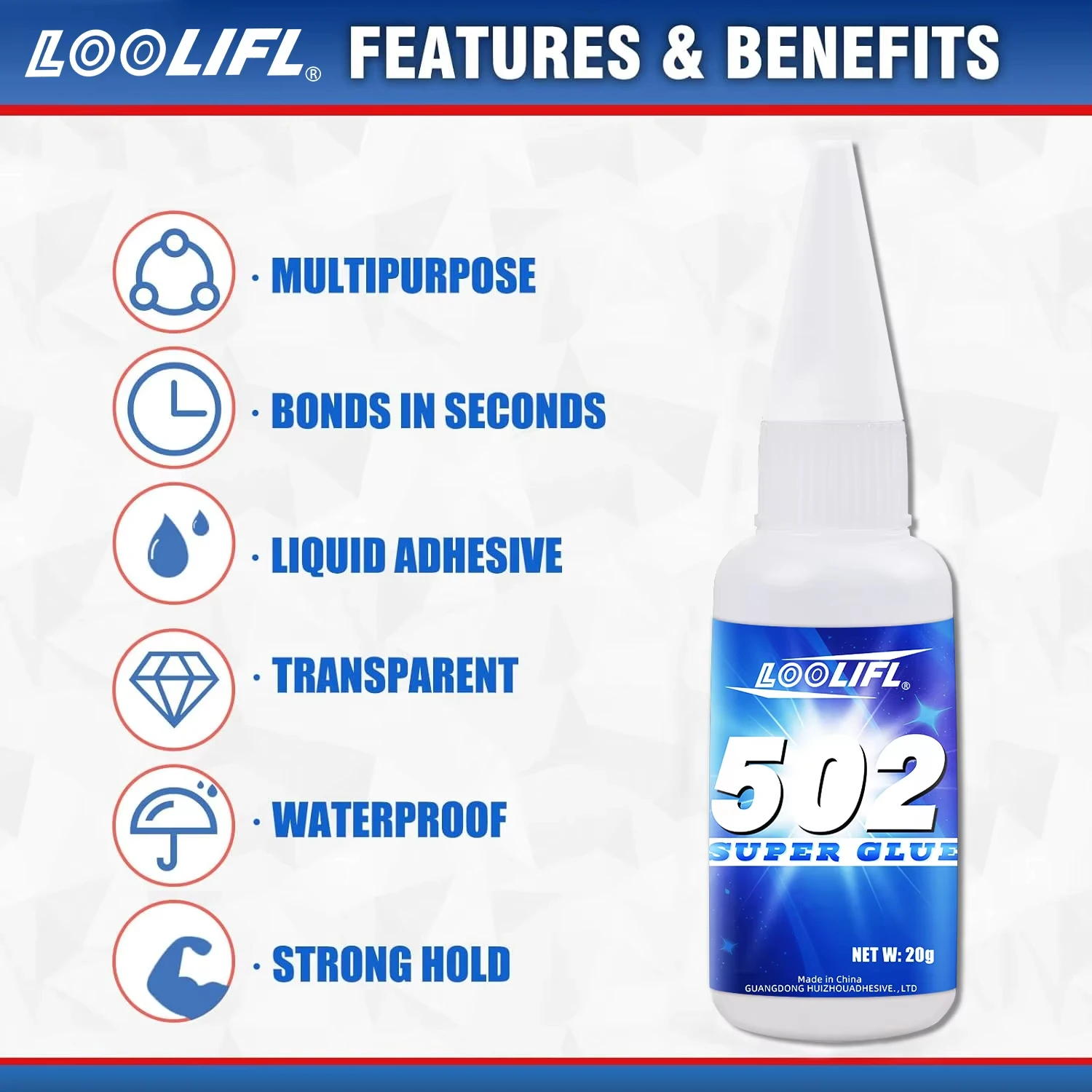 Loolifl502 Super Glue 10-Pack 20g Instant Cyanoacrylate Adhesive with Extended Nozzle Quick-Drying Transparent Repair Glue