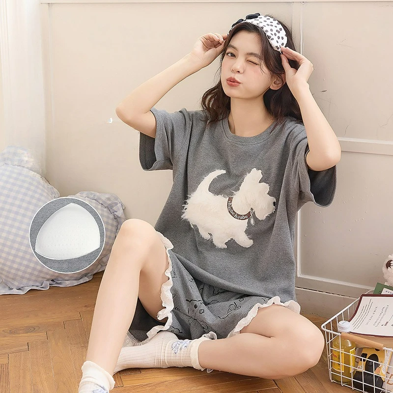 

Cartoon Cute Summer Sleepwear Women Casual Skin-Friendly Cotton Loungewear with Bra Two Piece Pajamas Set
