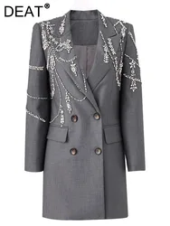 DEAT Fashion Women Suit Dress Notched Collar Long Sleeves Double Breasted Rhinestone Decoration Dresses Autumn 2024 New 7AB1049