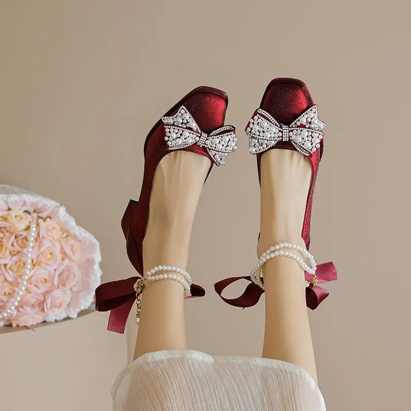 

French Mary Janes Chunky Heel Pumps Women Burgundy High Heels 2026 New Arrival Wedding Shoes Bridesmaid Shoes