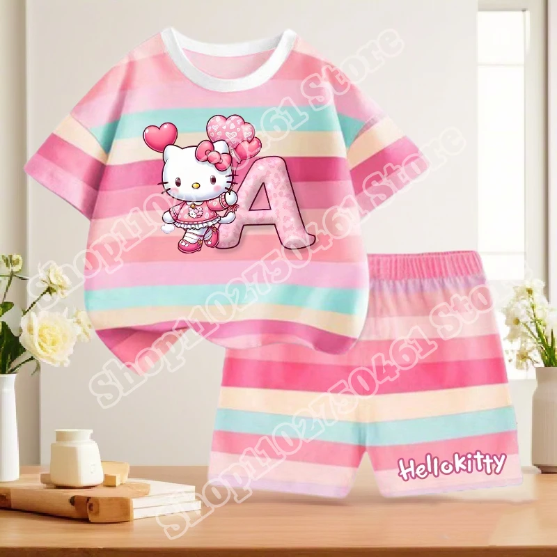 سانريو مرحبا كيتي الطفل قصيرة مخطط مجموعة الفتيات الكرتون رسالة A-Z قطعتين دعوى Kawaii ملابس الاطفال عادية ملابس الصيف