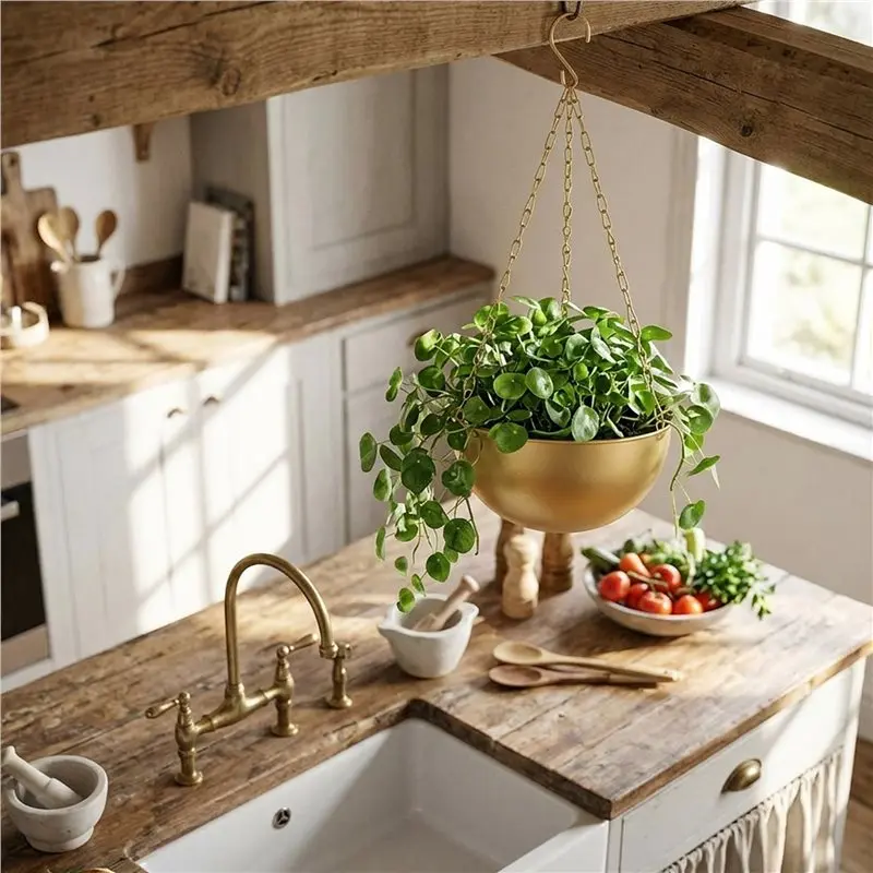 AA94-Large Gold Hanging Planter With Drainage, Semi-Circle Hanging Plant Holder For Indoor Plants, Lightweightceiling Basin