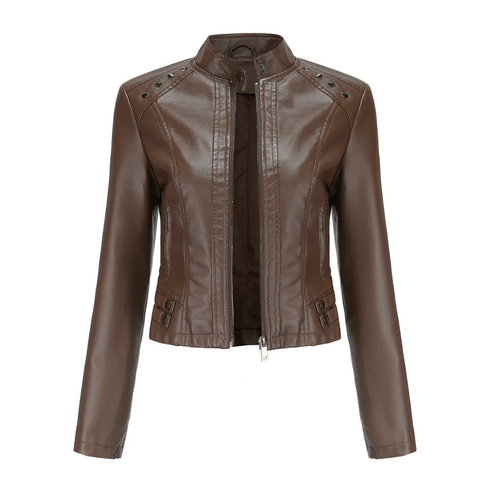 2024 Women's new rivet leather jacket spring and autumn jacket long-sleeved women's jacket stand collar fashion jacket S-4XL