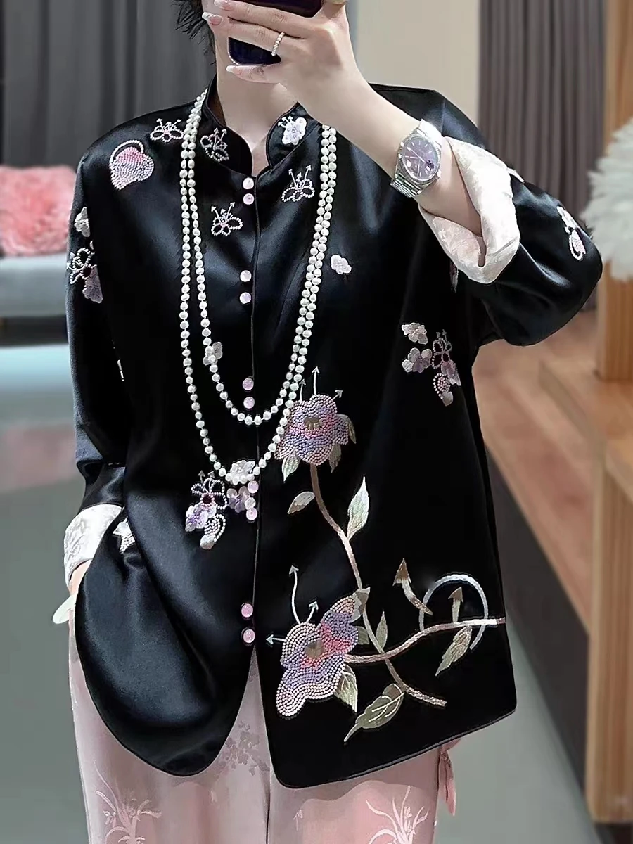 High-End  Autumn New Acetate Embroidered Flower Women\'s Stand Collar Double Breasted Soft And Smooth Lady Jacket S-XXL