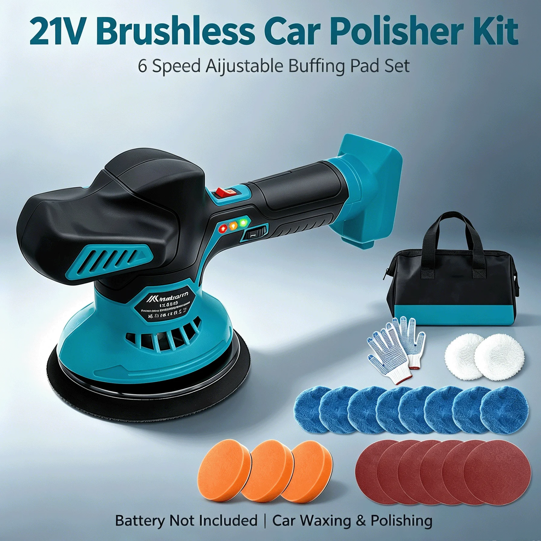 21V bürstenloser kabelloser Autopolierer-Kit, 6-Gang-Orbital-Poliermaschine mit komplettem Polierpad-Set und Aufbewahrungstasche, passend für Makita 18-21V Akku, zum Polieren von Autos, Entfernen von