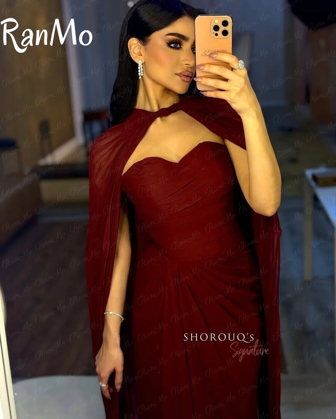 Ranmo 2025 Elegant Elegant Burgundy Chiffon Evening Party Dresses Long Cape Sleeves Sweetheart Saudi Arabia Prom Gown Customized