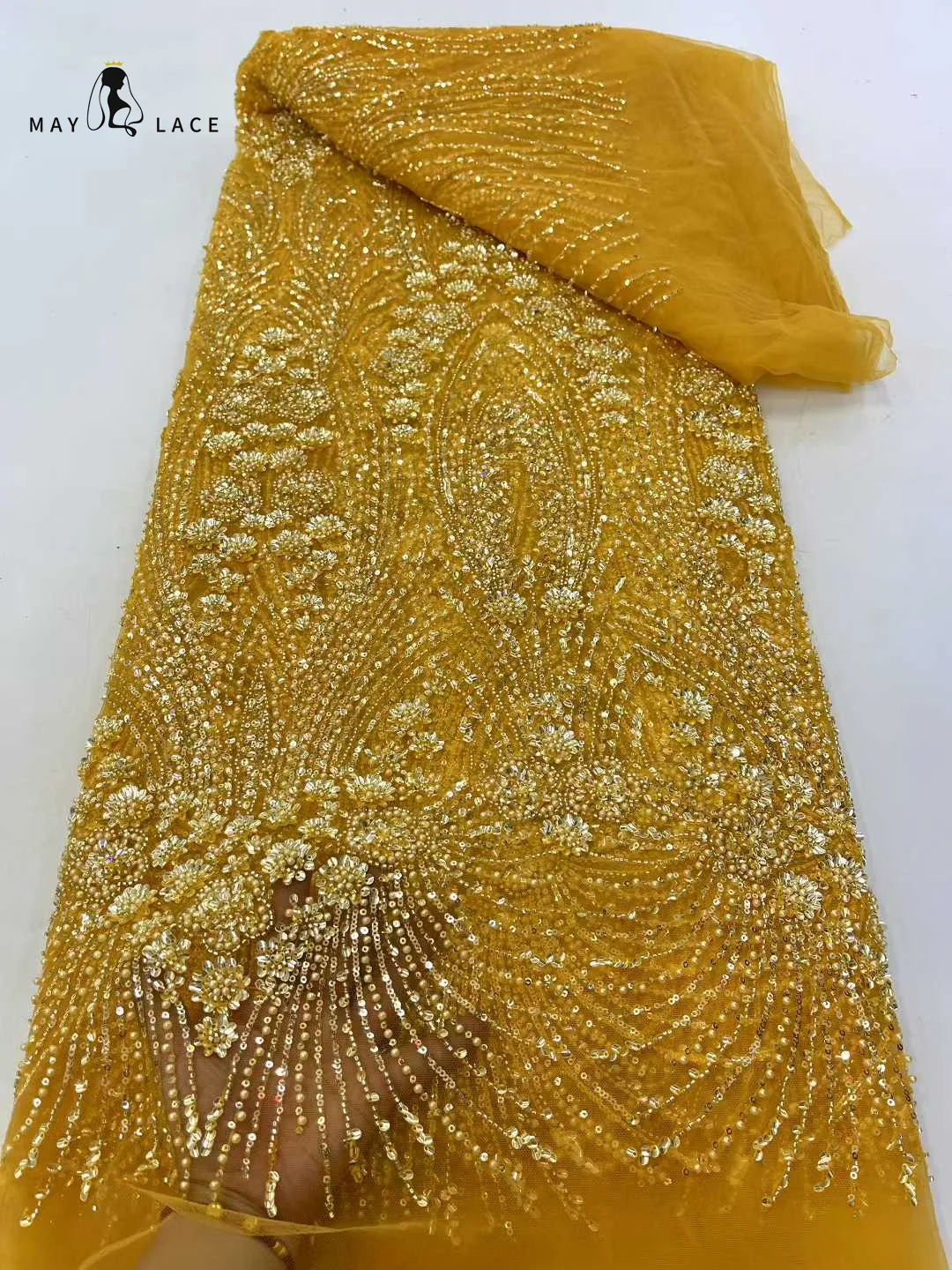

African Beaded Lace Fabric African Lace Fabric 2025 High quality 5 Yards Gold Sequence Net Fabrics Materials For Dresses Wedding