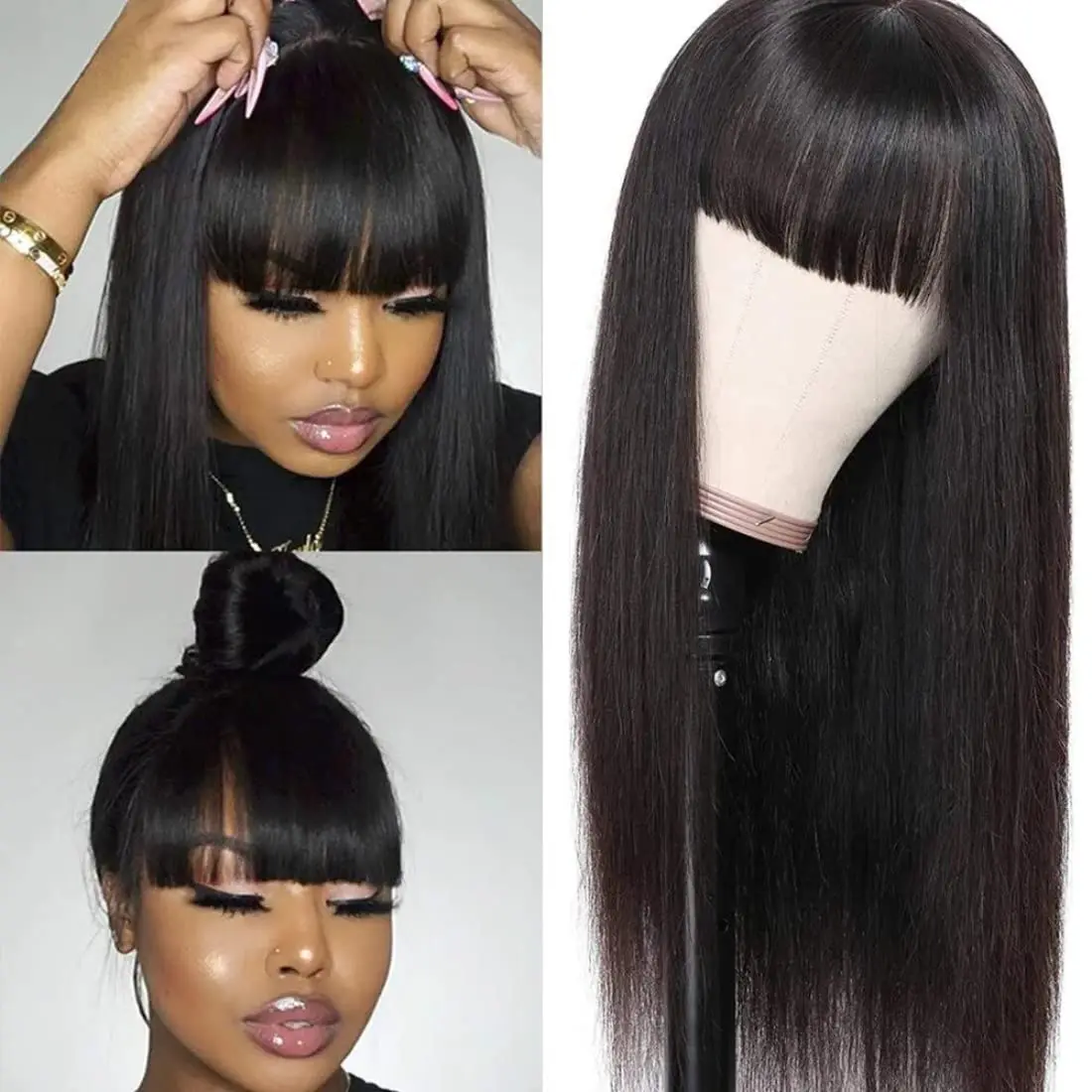 

Straight Human Hair Wigs With Bangs for Black Women Easy To Wear 180 Density Machine Made Straight Fringe Wigs 100% Human Hair
