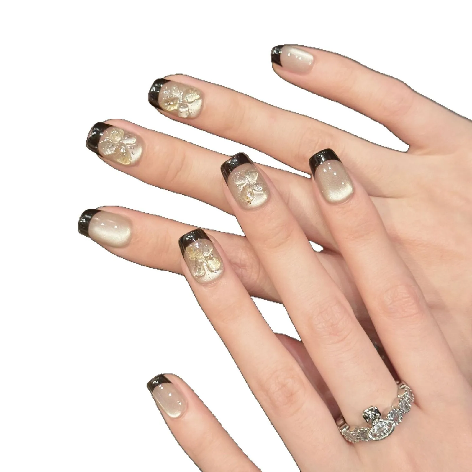 10 Stück handgemachte Nägel zum Aufdrücken, vollständige Abdeckung, schwarzer Rand, Glitzer, Katzenauge-Design, französisches kurzes Ballett, künstliche Nägel, tragbare Maniküre-Kunst