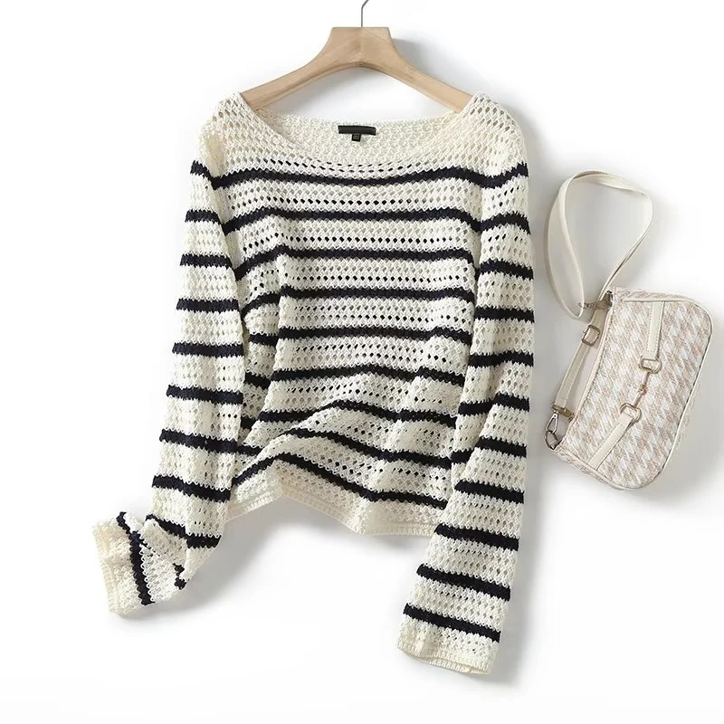 

YENKYE 2023 Women Lazy Style Striped Hollow Out Crochet Knit Sweater O Neck Long Sleeve Female Casual Pullovers Tops