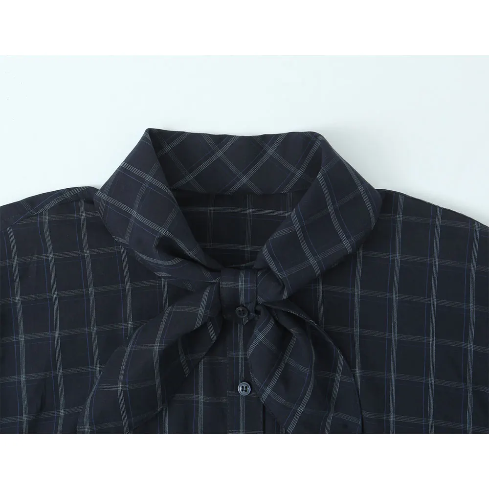 DUOPERI Damesmode met strik Geruite blouse Casual sjaalkraag Lange mouwen Vrouwelijke elegante chique damesoverhemden