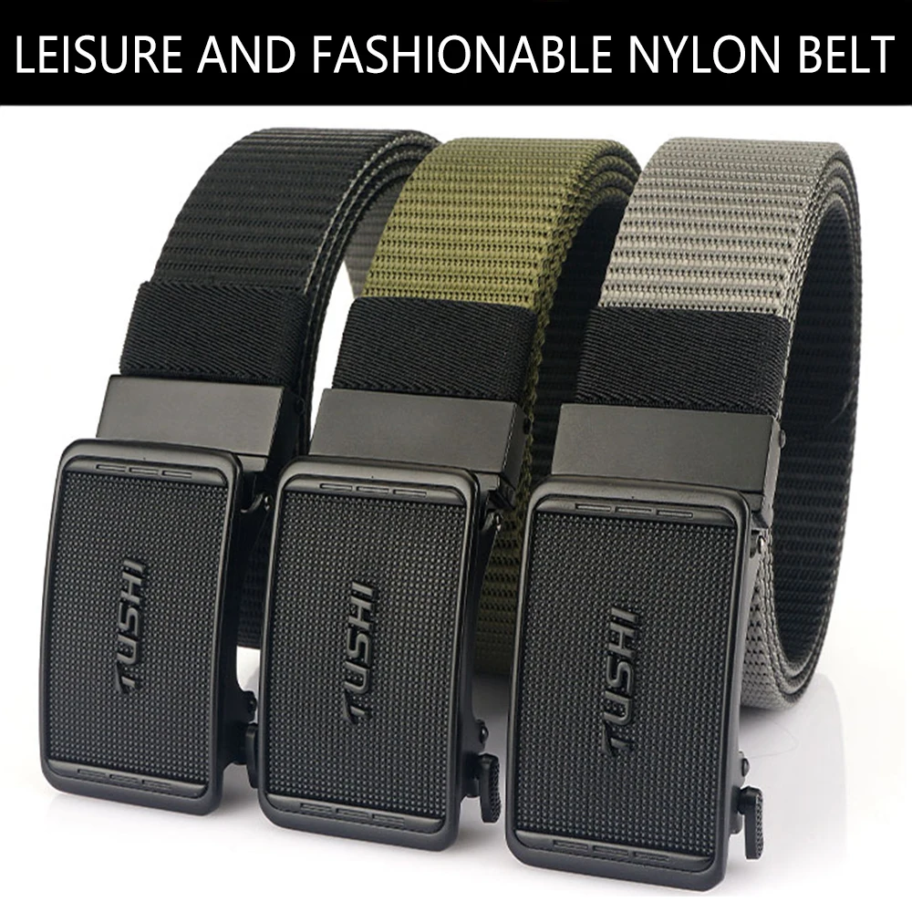 TUSHI New Man Double-sided Nylon Belt Dragon Rotate Metal Automatic Buckle Canvas Belts for Men Jeans Waistband Bicolor Strap