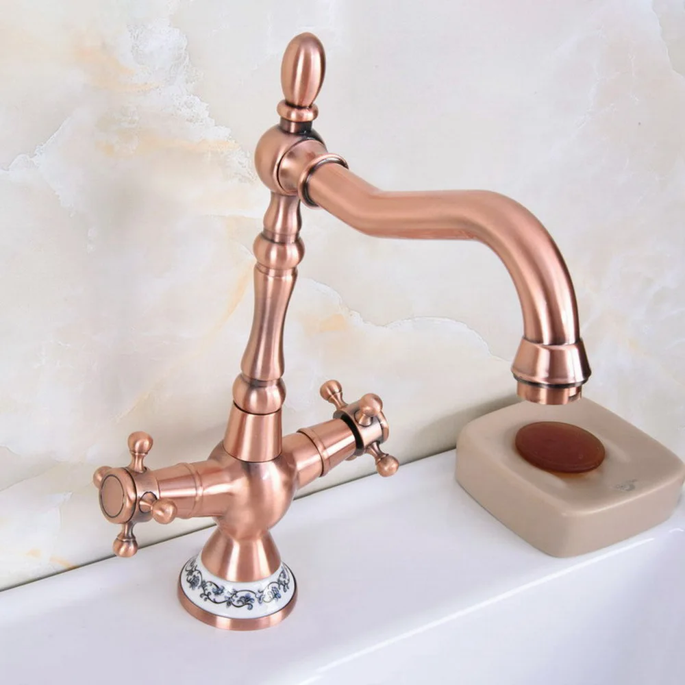 

Antique Red Copper Double Handle Single Hole Deck Mount Kitchen Basin Faucet Swivel Bathroom Sink Cold And Hot Mixer Tap 2nf614