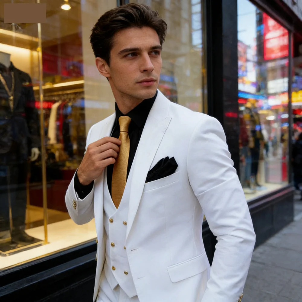 

3-Piece Men's Smoking Suit White Tuxedo Wedding Outfit with Jacket Design New Men's Clothing Blazer Set