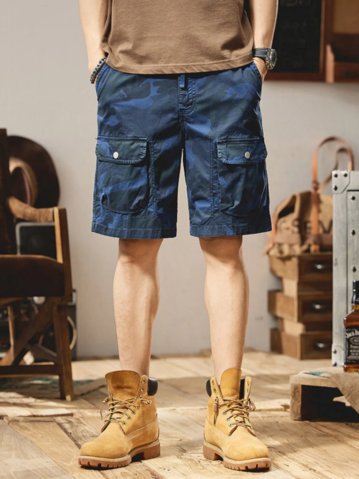 Waed Pantaloni da lavoro da uomo casual Camouflage estivo Multi-ket Loose Fit Orbs a cinque quarti Gamba dritta Spor di media lunghezza