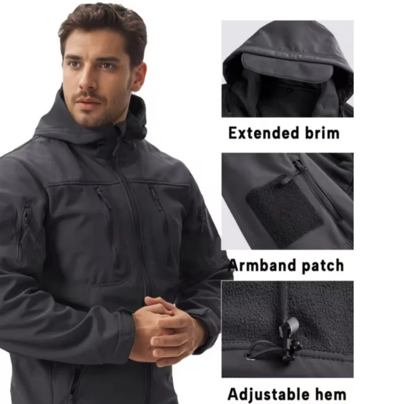 Men's Tactical Hooded Jacket, Outdoor Hiking Casual Top, Autumn and Winter Windproof Warm Jacket, Casual Workwear 모터사이클 재킷