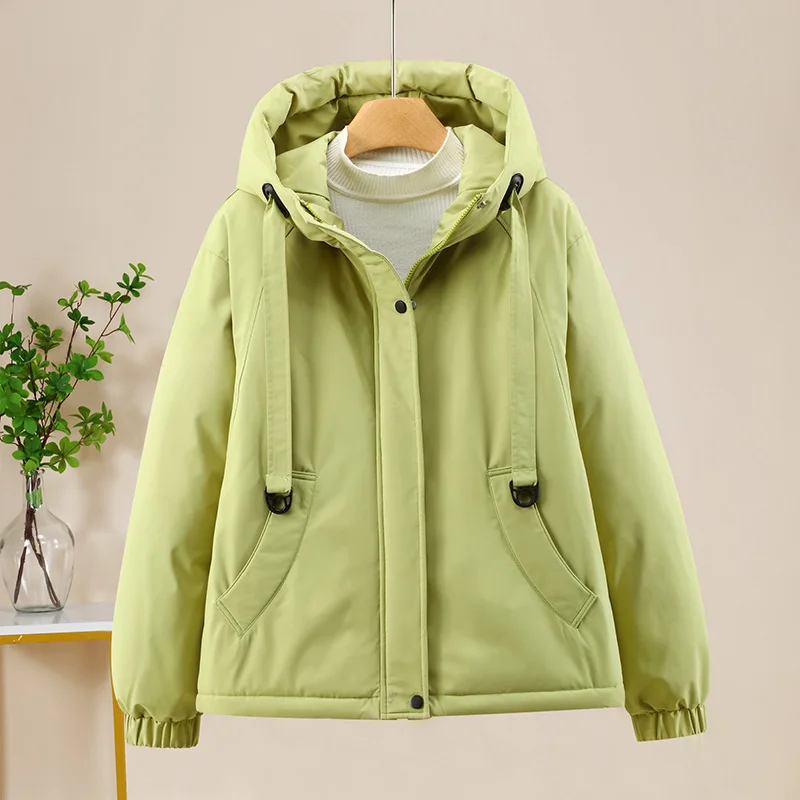 Women Short Parkas Coats Hooded Overcoat Solid Drawstring Zipper Long Sleeve Looose Fit Thick Casual Office Lady 2025 Winter