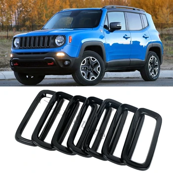 7 szt. przednia kratka przednia wkładki wyścigowa ramka grillowa do Jeep Renegade 2015 2016 2017 ABS czarny
