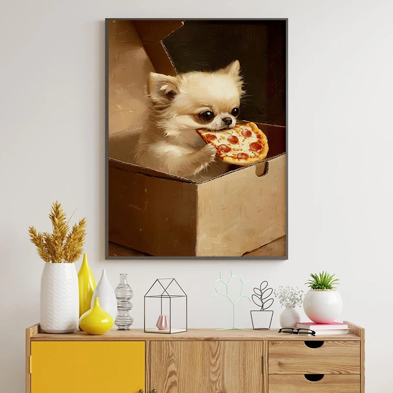 Funny Cute Cat Puppy Eating Pizza Burger Vintage Animal Poster Print Retro Art Living Room Home Decoration Canvas Painting