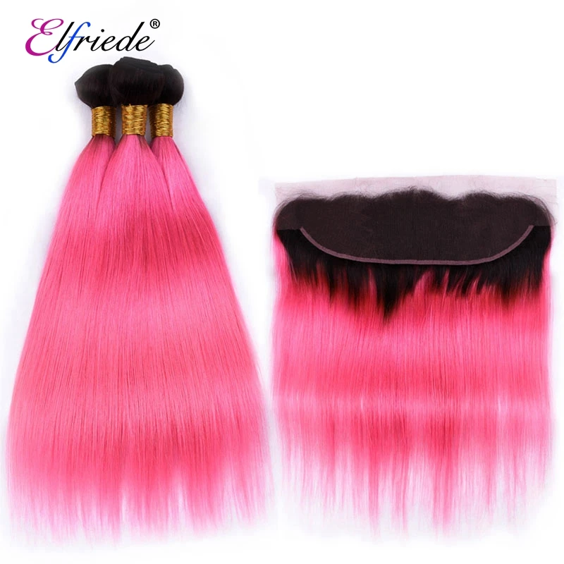 Elfriede 1B/Pink Straight Ombre Colored Hair Bundles with Frontal Remy Human Hair Sew In Wefts 3 Bundles with Lace Frontal 13x4