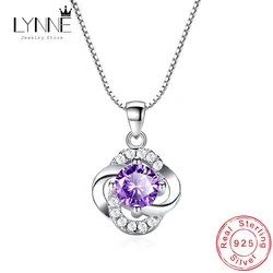 Hot Sale Fine Purple Flowers Zircon 925 Sterling Silver Pendants Neckalce Women Jewelry Anniversary Gift Charm CZ Clavicle Chain