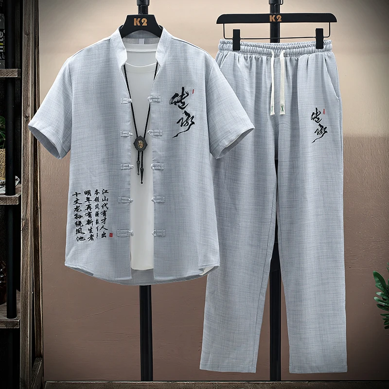 Men's Casual Sets Shirts + Pants single-breasted Sportswear Man two-piece set short sleeves Standing collar shirts and trousers