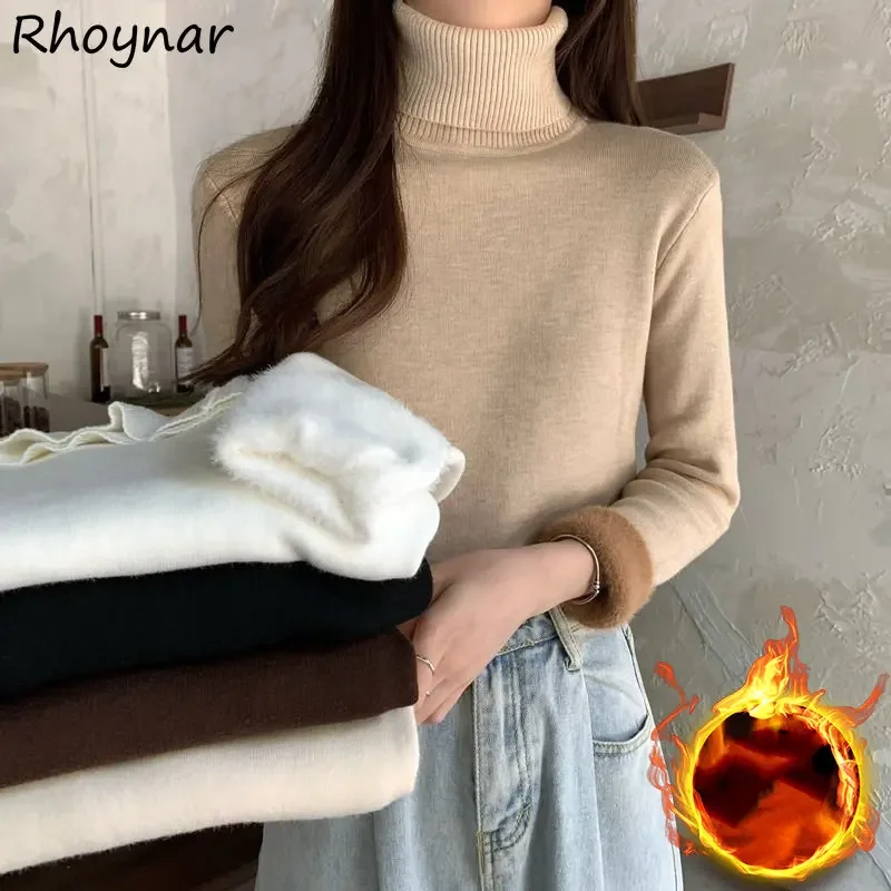 Pullovers Women Turtleneck Sweater Solid Simply Basics Warm Winter Korean Fashion Cozy Knitwear Slim All-match Свитер Женский