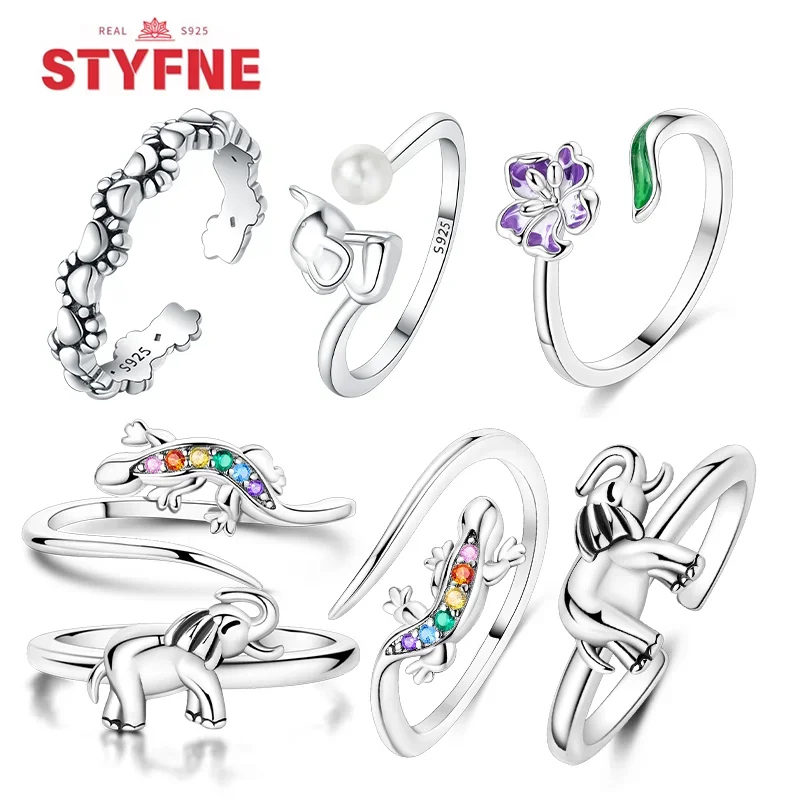 

925 Sterling Silver Colored Zircon Chameleon Open Ring Flower for Women Cute Animal Ring Fine Jewelry Birthday Party Gift