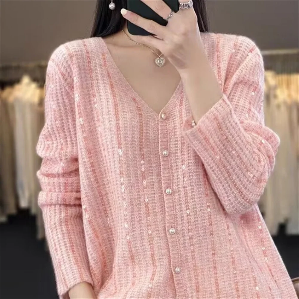 2024 Fashion Button Long Sleeve Knitted Kniting thin jacket New Spring Autumn Sweater Cardigan Women's V-neck Sequin Basic Top