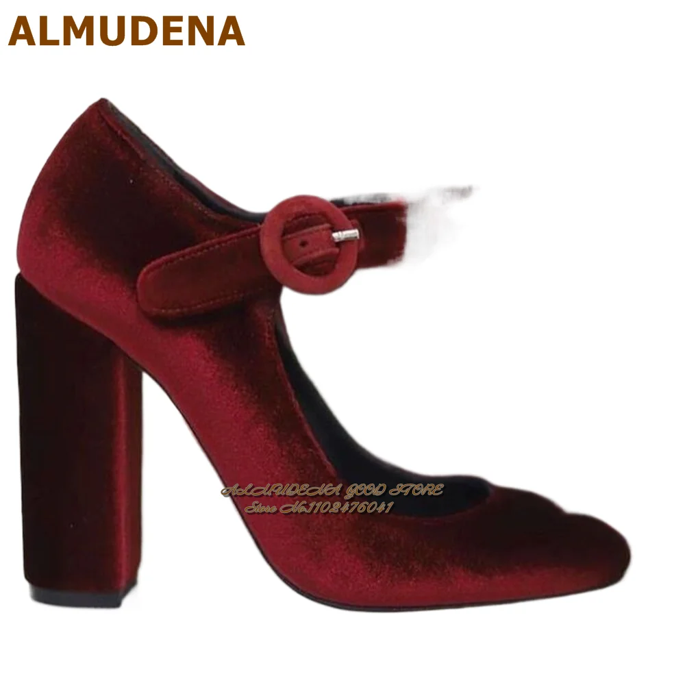 ALMUDENA Scarpe Mary Jane in velluto grigio bordeaux Scarpe con tacco grosso e cinturino con fibbia rotonda Décolleté eleganti Scarpe da festa Tacco largo