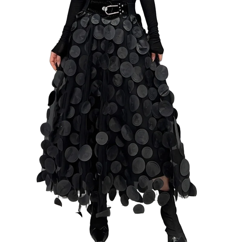 Black Women Elastic Waist Skirt Loose Wild Mesh Splicing Round Polka Dots Printing Leisure Skirt 2024 Spring Summer LHX2411