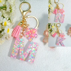 Exquisite Pink Flower Initials Keychain Cute A-Z Resin Alphabet Tassel Keyring Handbag Car Ornaments for Women Men Party Gift