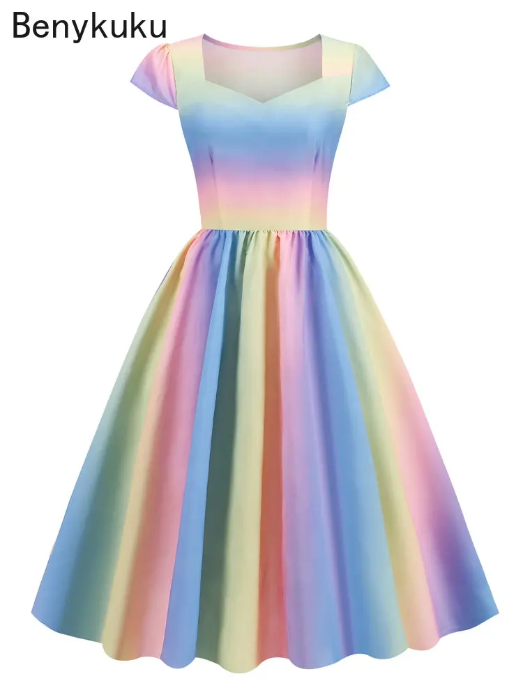 

Multicolor Print Cap Sleeve Pleated Hepburn Dress Summer Sweetheart Neck Women Clothing Robe Long Party 50s 60s Vintage Dresses
