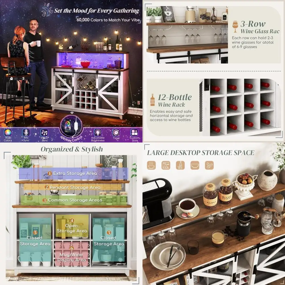 

Умный барный шкаф с LED-подсветкой для 55 бутылок вина и кофе, с полкой на 12 бутылок, держателем для стаканов, раздвижной сетчатой дверцей, цвет состаренный белый