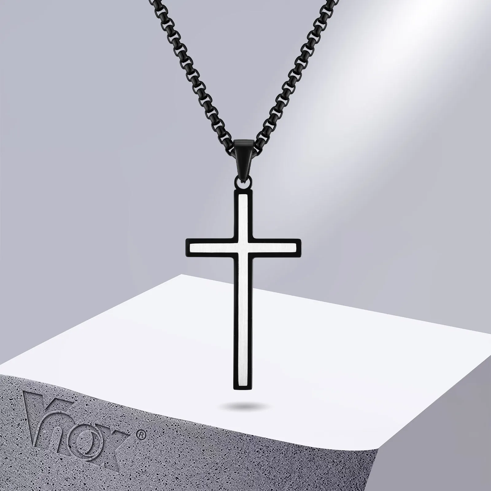 Vnox Double Layers Cross Necklaces for Men, Black Stainless Steel Religious Faith Prayer Pendant Collar, Male Gifts Jewelry