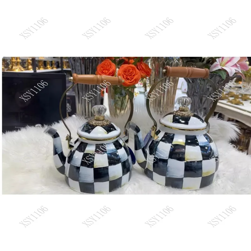 2.5 Quart Vintage Check Enamel Tea Kettle with Handle Stovetop for Water Coffee Home Kitchen