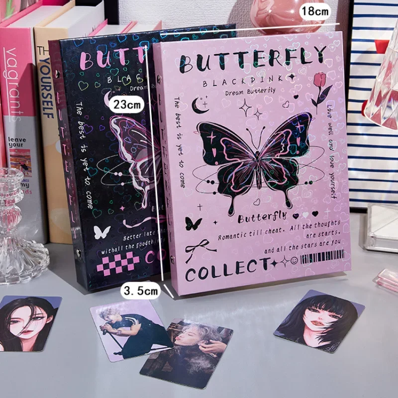 Y2K American Retro Pink Black Butterfly Card Album Aesthetic Laser Cover Girl Kpop 3-inch Photocard Collect Book 80pcs Card Slot