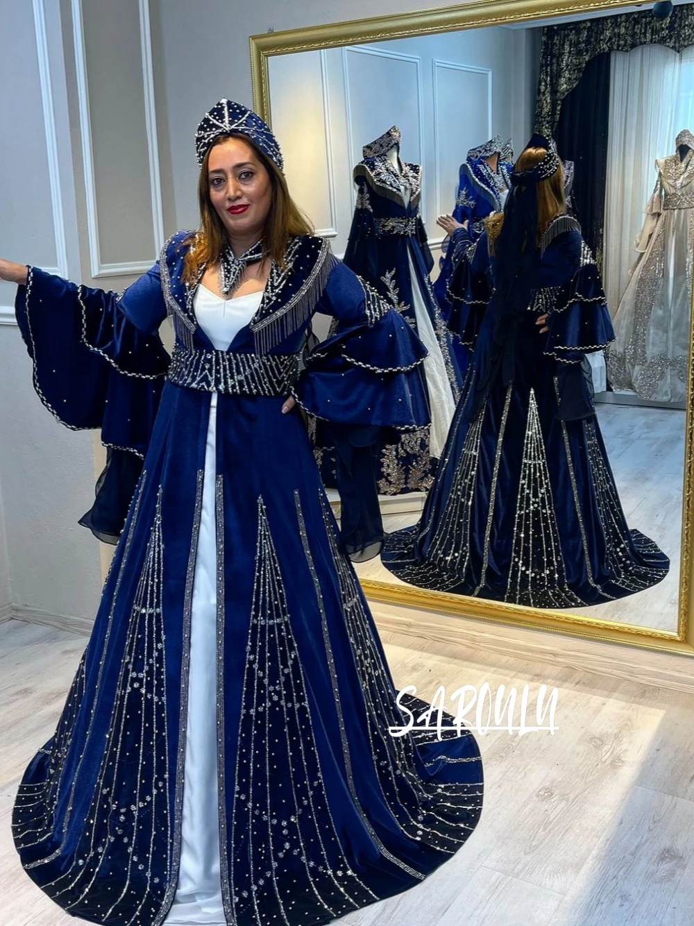 Luxury Silver Beaded Tassel Arabic Evening Dress Modest Muslim Prom Gown Customized Kaftan Women Night Party Pleated Sleeves