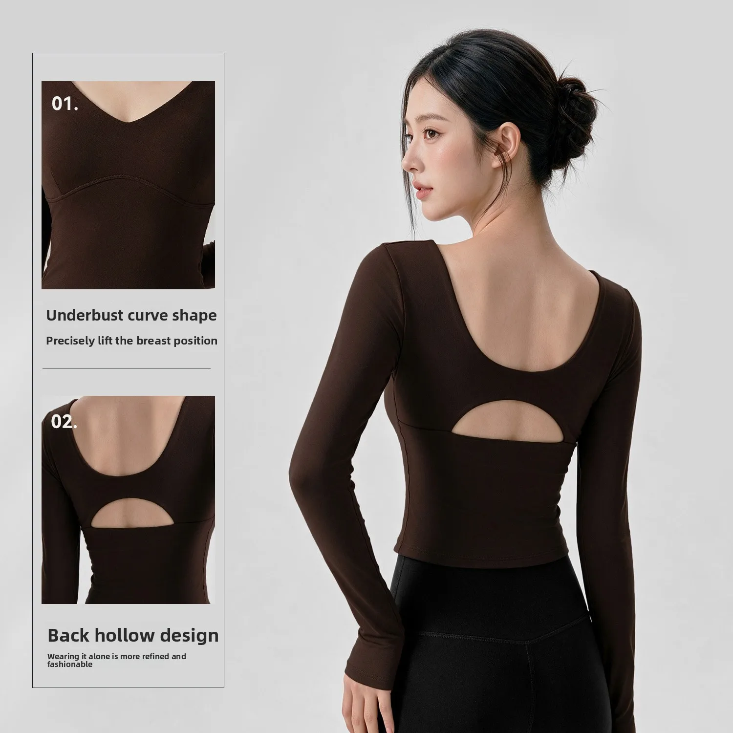 Long Sleeved Women's Fixed Cup Sexy Hollow Back Sports T-shirt High-end Fitness Suit Pilates Top