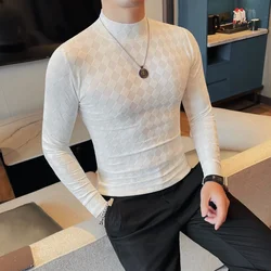 Men Half High Collar T-shirt 2024 Autumn Solid Casual Wrinkle resistant soft Elastic Slim Fit Long Sleeves T Shirt Men Clothing