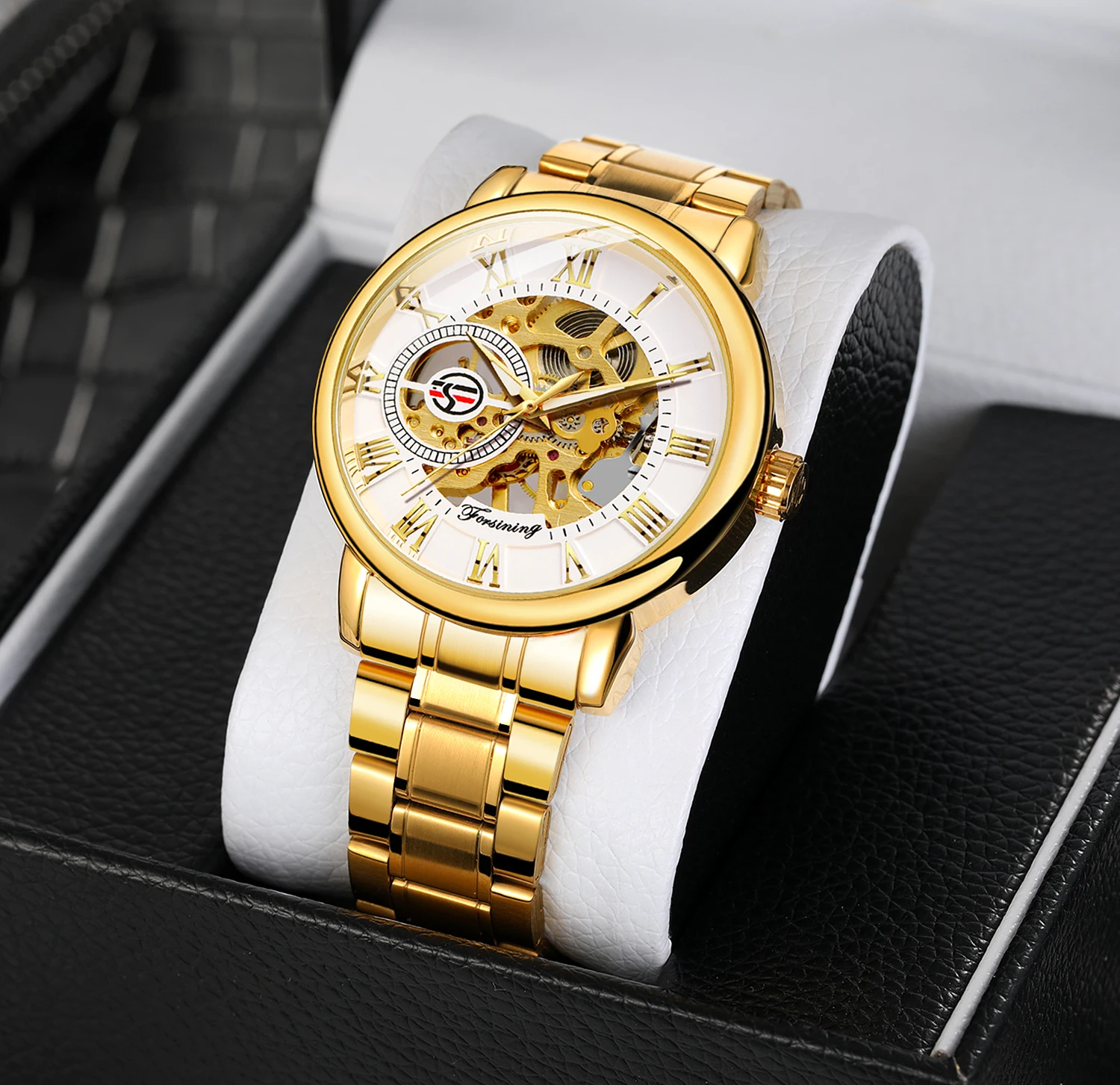 

FORSINING классические золотые полые мужские наручные часы механические часы из нержавеющей стали римские цифры светящиеся указатели часы-скелетон