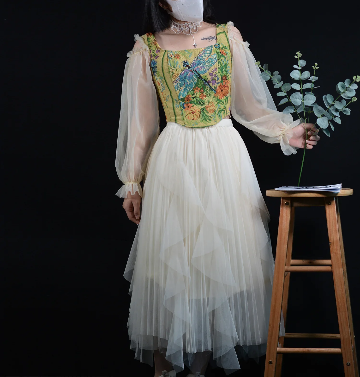 

Роскошный зеленый корсет, женский винтажный лиф с принтом, сетчатый корсет с длинными рукавами на шнуровке, свадебные элегантные синие бюстье