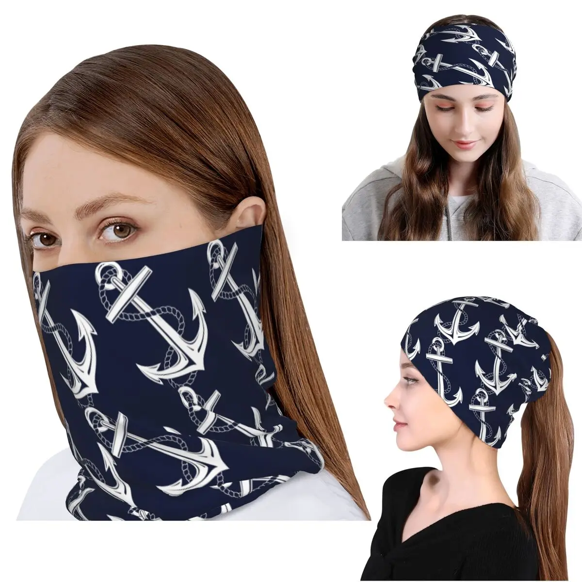 

Anchor Nautical White And Navy Bandana Neck Gaiter Mask Scarf Warm Face Mask Beanies Hat Unisex Adult Winter