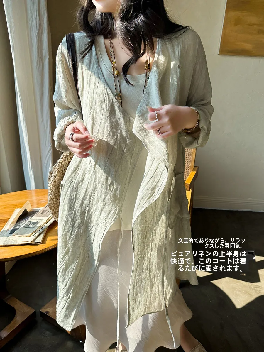 

Ele Pure Linen V-Ne Open Cardigan with Belt Loose Fit Diagonal Sve Design Breathable Comfortable Women's irt