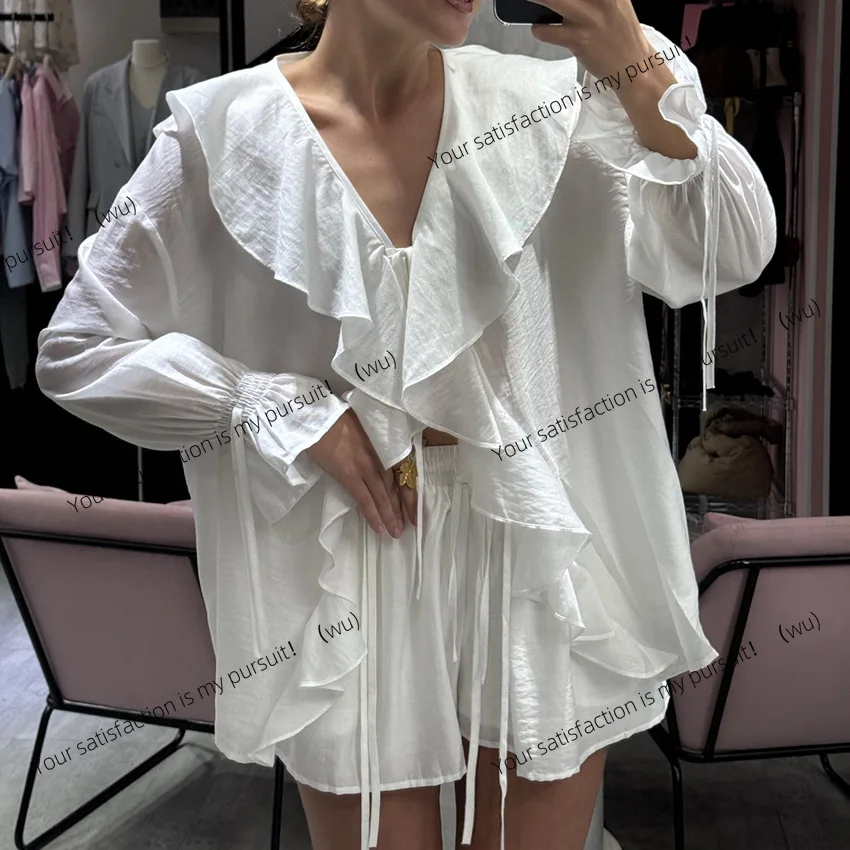 

Европейский и американский дизайн, модный костюм с рюшами по краям, новый кардиган на шнуровке + шорты, женская одежда