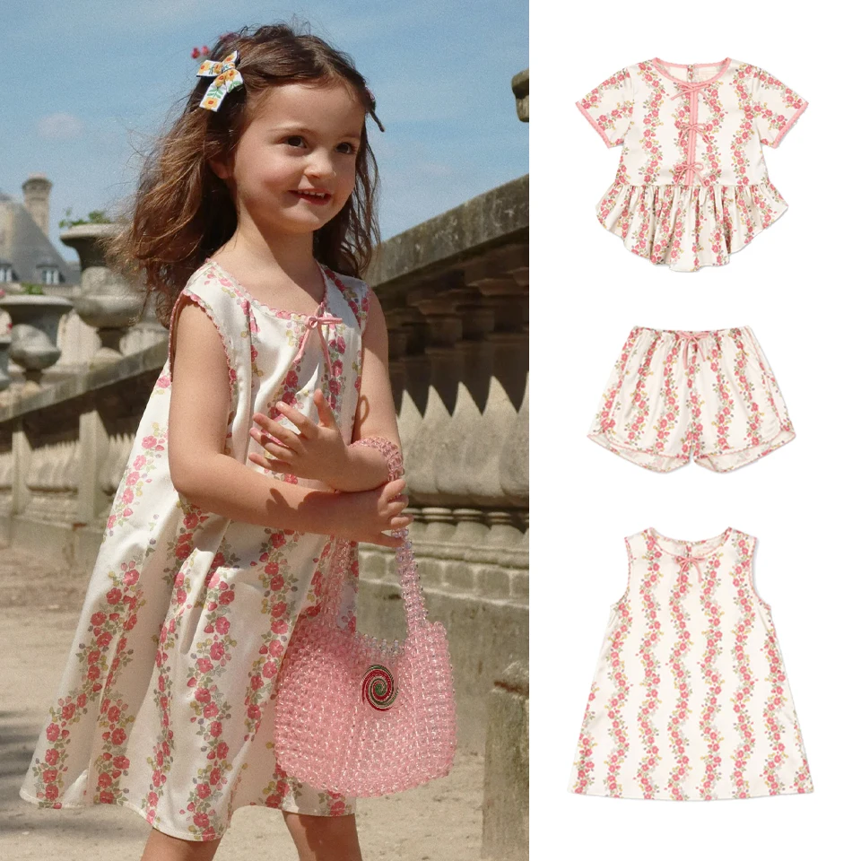 

2025 KS Summer Girls Dress With Flower Pattern Baby Girl Clothes Infant Clothes Children Kids Tops And Shorts Kids Girls Clothes