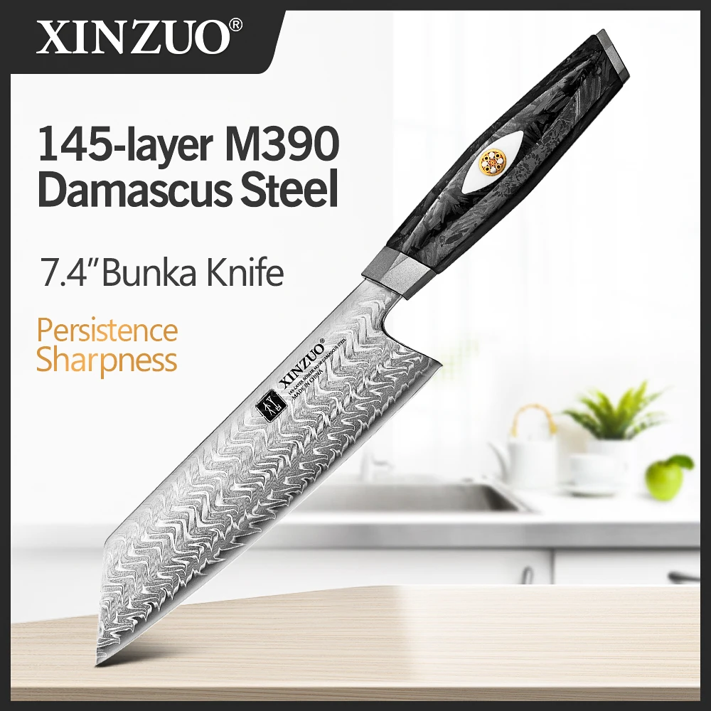 

XINZUO 7.4‘’ Bunka Knife BÖHLER M390 Powder Steel Damascus Steel Wet Method Edge 15° With Black Carbon Fiber With Resin Handle