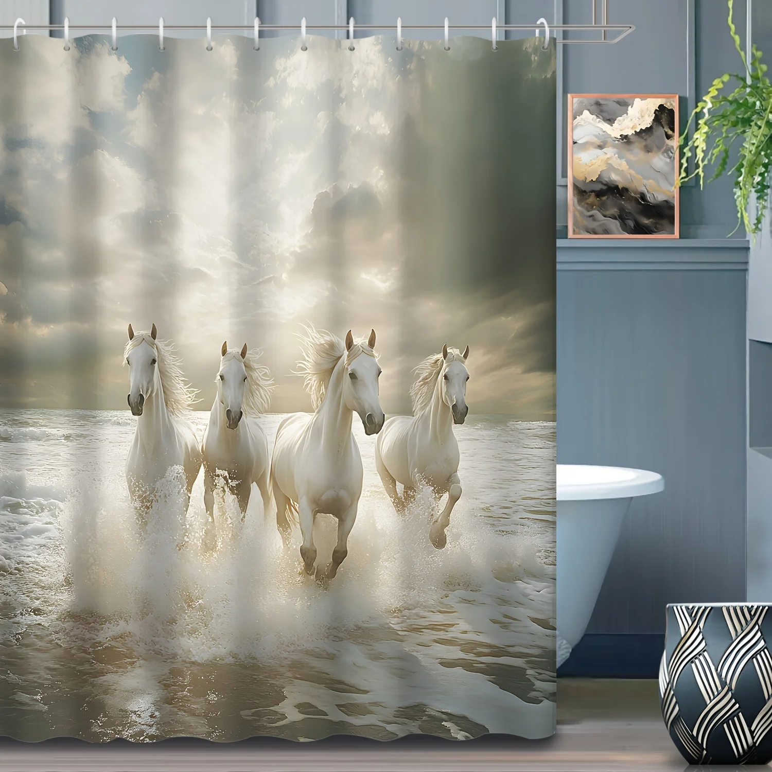

1pc 4 White Horses Animals Sea Ocean Waves Beach Modern Decorative Illustration Bathroom Shower Curtain with 12 Hooks 180x200cm