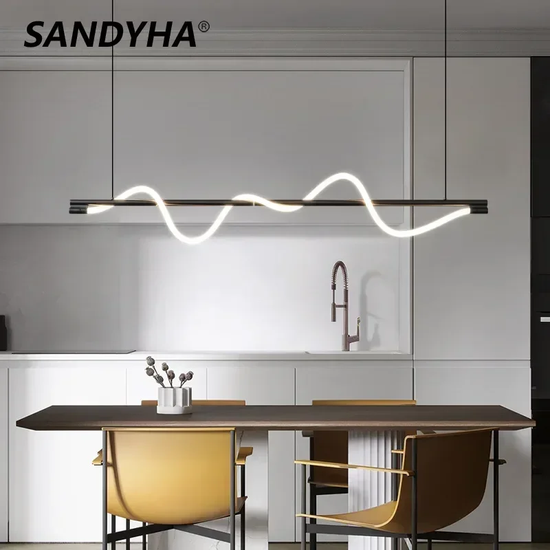 

SANDYHA Modern Minimalist Chandelier Linear Design Strip Led Pendant Lamp for Living Dining Room Kitchen Island Lighting Fixture