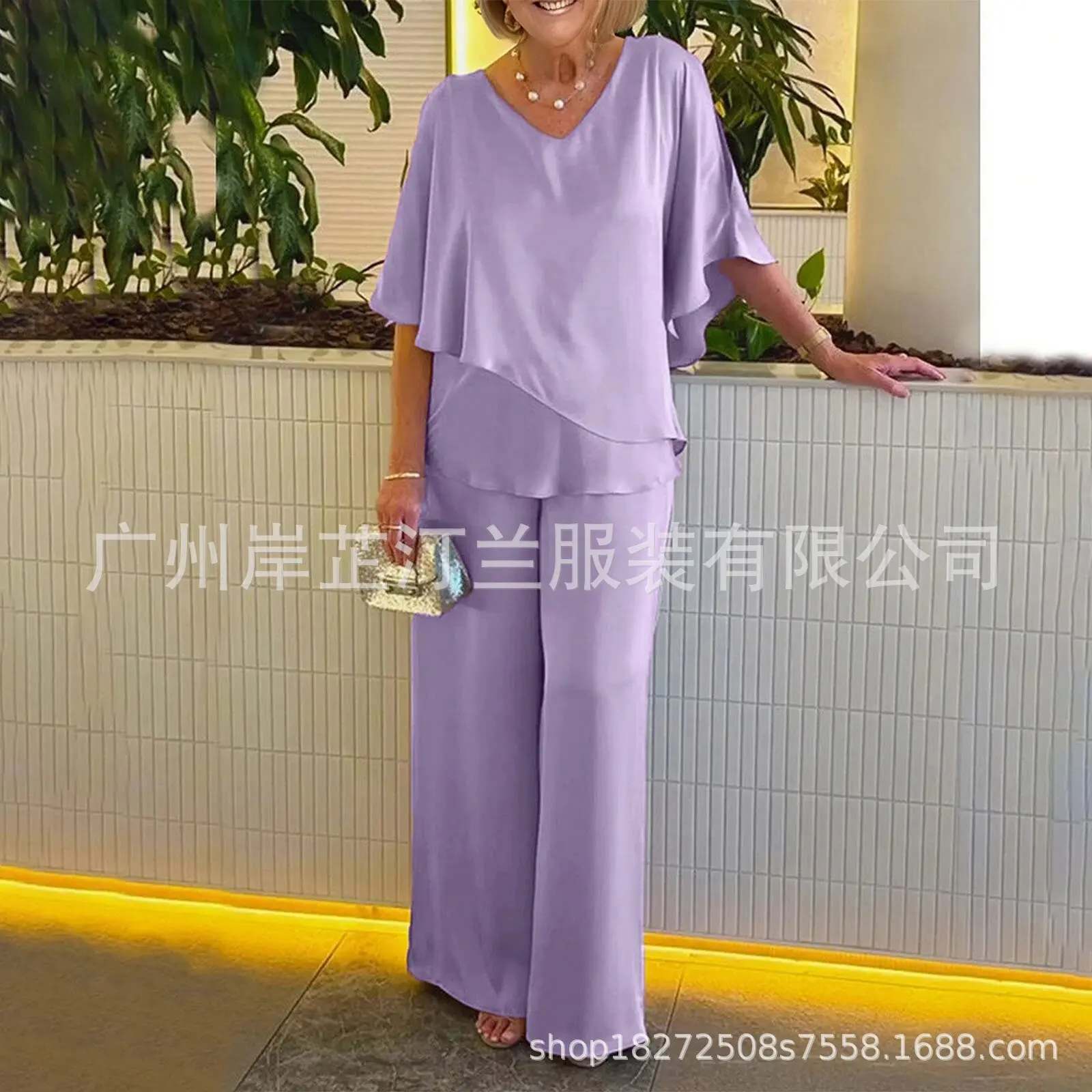 

2025 New Women's 2-piece Set V-neck Irregular Pullover Top Elastic Waist Loose Wide-leg Pants Fashion Set for Female